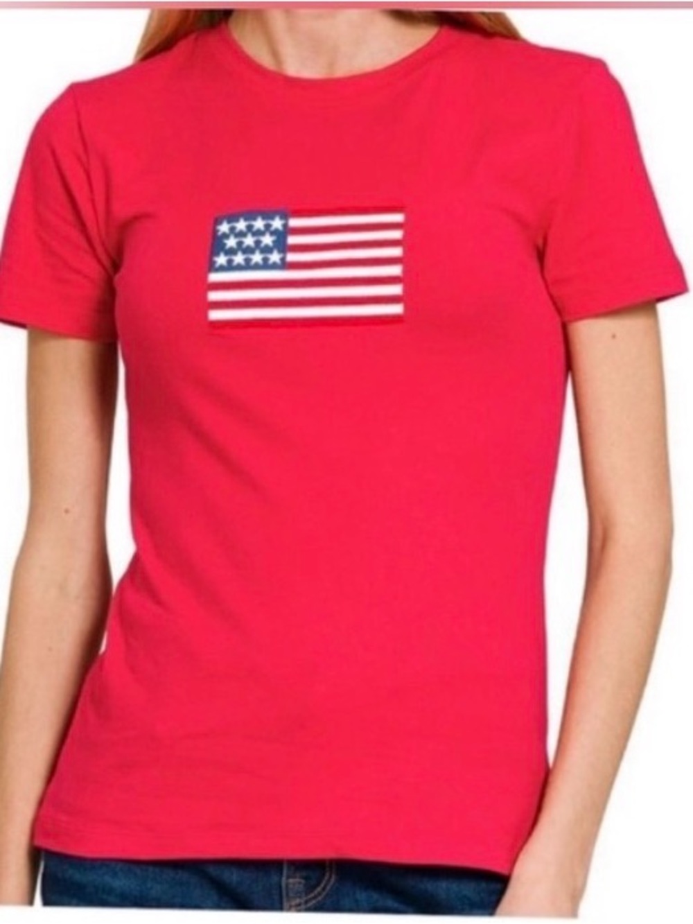 Zenana Women’s Red Embroidered Flag Tee